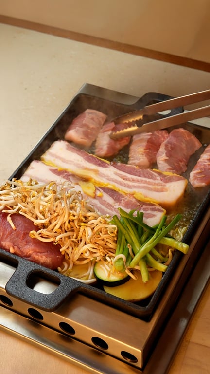 Bbasam Set terdiri dari <i>Butter-Aged Pork Belly, Pork Jowl, Pork Tenderloin </i>dengan sayur yang dipanggang bersamaan.