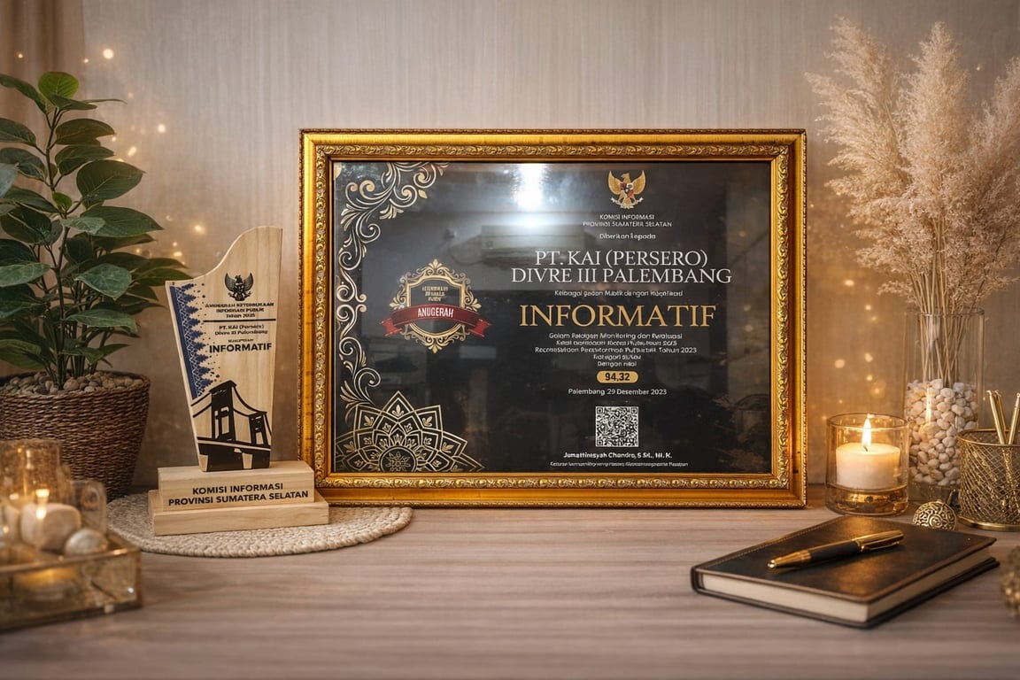 Foto : Plakat dan Piagam penghargaan KAI Divre III dalam Anugerah Badan Publik Informatif