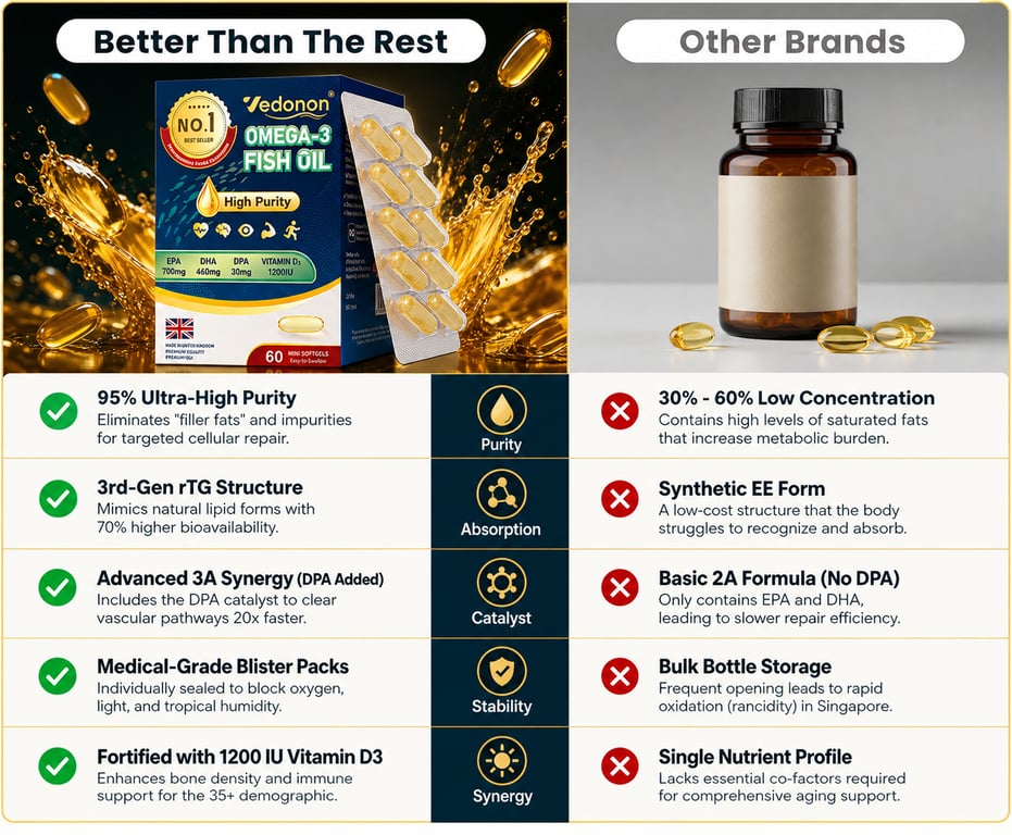 The Molecular Math: Why Vedonon Golden Series outperforms standard 'maintenance' oils by focusing on 95% ultra-purity, superior rTG absorption, and the 20x efficiency of the DPA catalyst.