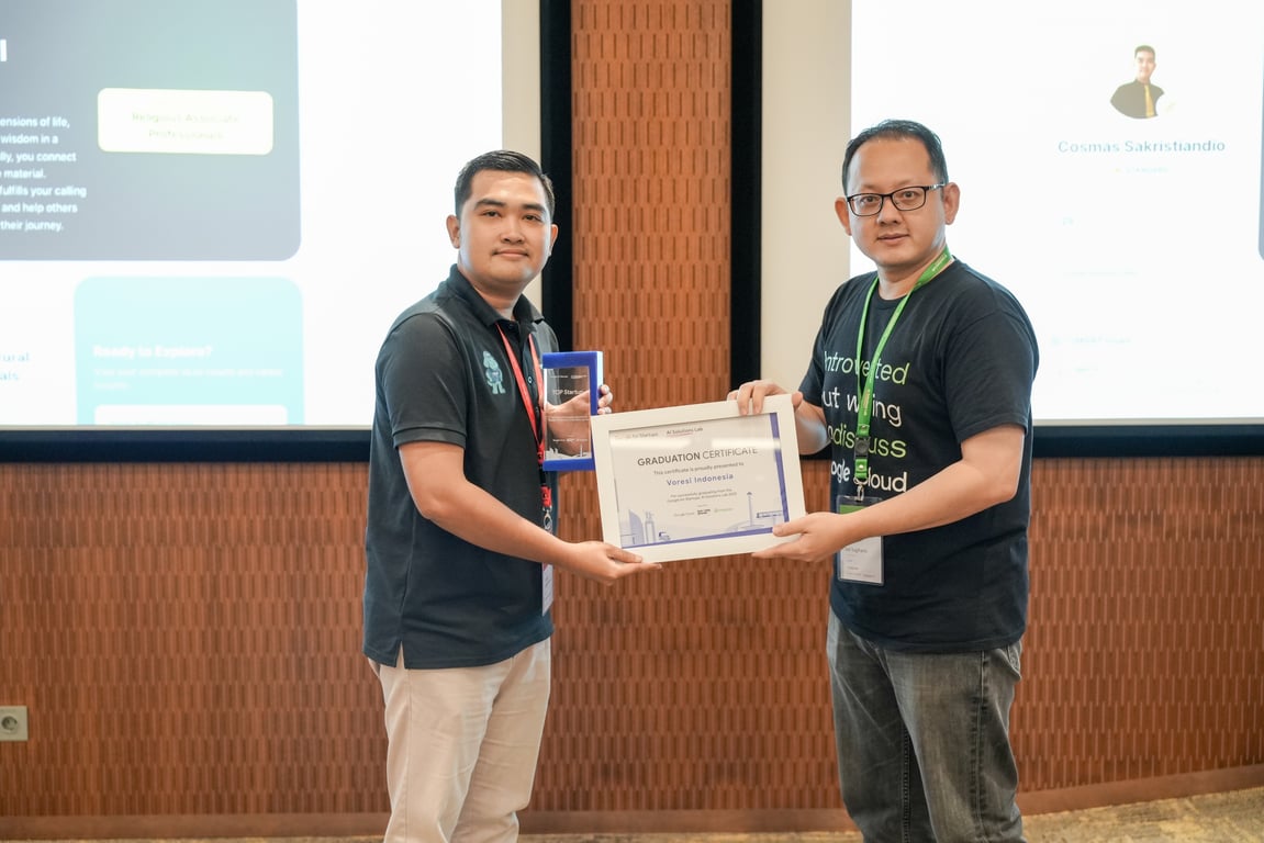 Voresi berhasil terpilih sebagai salah satu penerima penghargaan Top 10 Google for Startups AI Solutions Lab. Penghargaan tersebut diberikan oleh Tridorian selaku mitra resmi (official partner) dari Google for Startups. Dokumentasi: Google for Startups Indonesia.