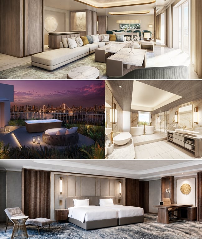 Presidential Terrace Bath Suite, Living Room, Open Terrace Jetted Bath, Bathroom, and Bedroom