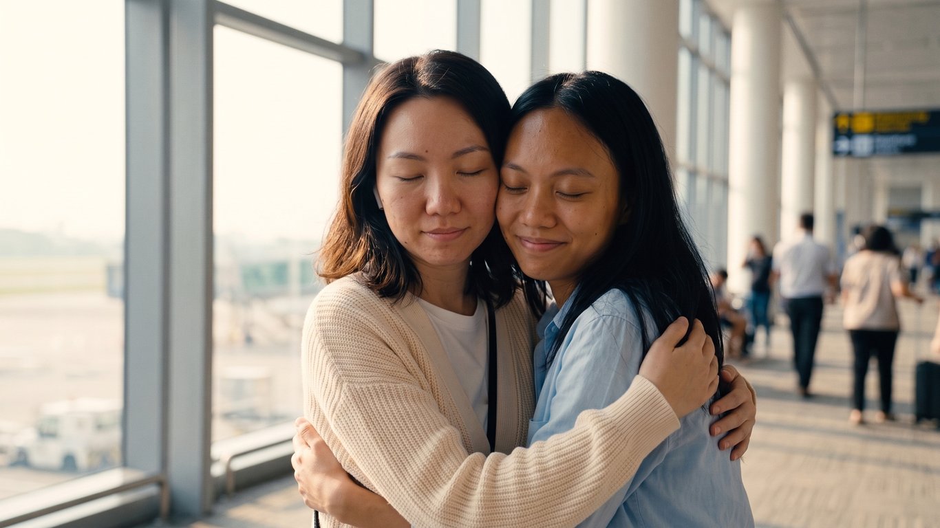 Episode 7 of Sanct Social's short film series: the sisters' goodbye at the departure gate in Jakarta.