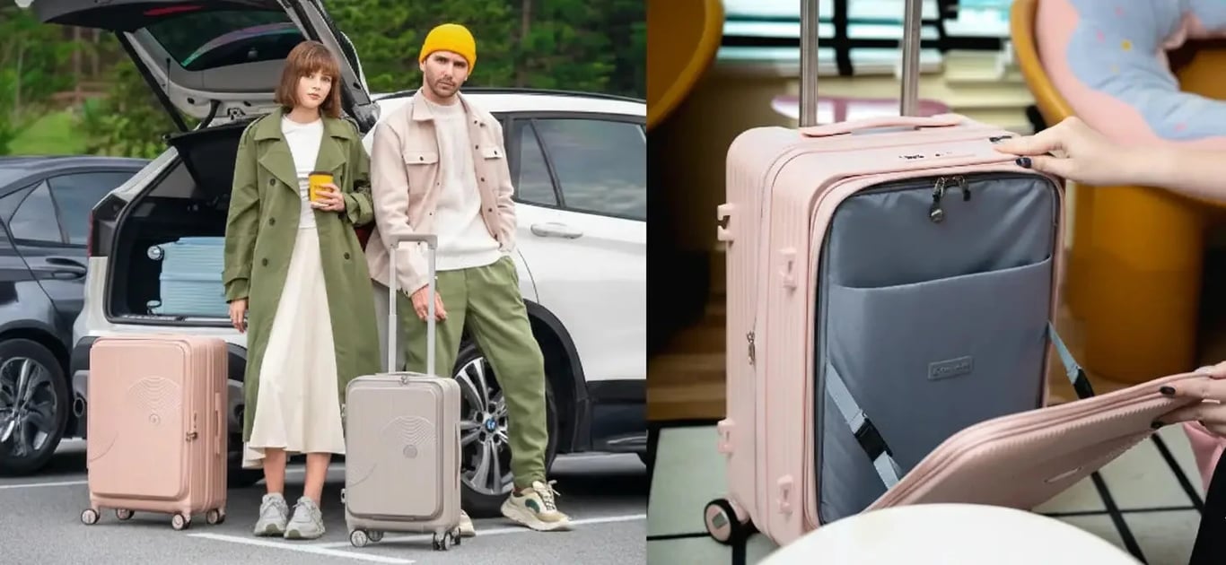 A couple loads their Case Valker EVE2 luggage ahead of a road trip, showcasing the collection's soft pastel colorways. A close-up of the front-flip opening shows how travelers can access packed items quickly without unloading the entire case.