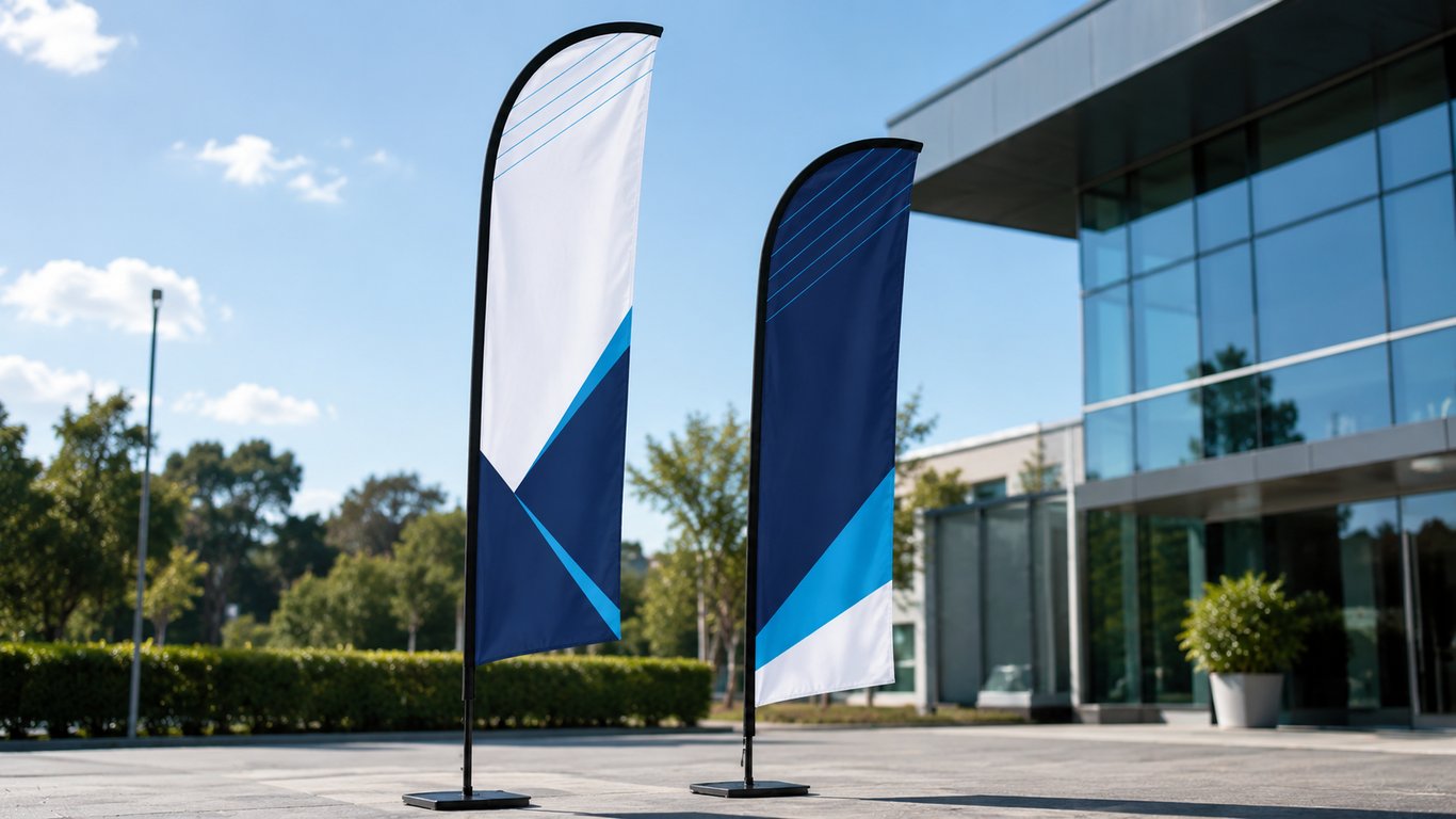 Feather flags displayed outside a modern building — ideal for branding and directional signage at events or storefronts.