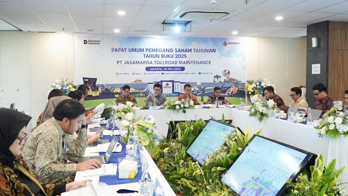 Jajaran manajemen, dewan komisaris, dan pemegang saham tengah mengikuti jalannya Rapat Umum Pemegang Saham (RUPS) Tahunan Tahun Buku 2025 PT Jasamarga Tollroad Maintenance di Jakarta, Senin (25/5/2026).