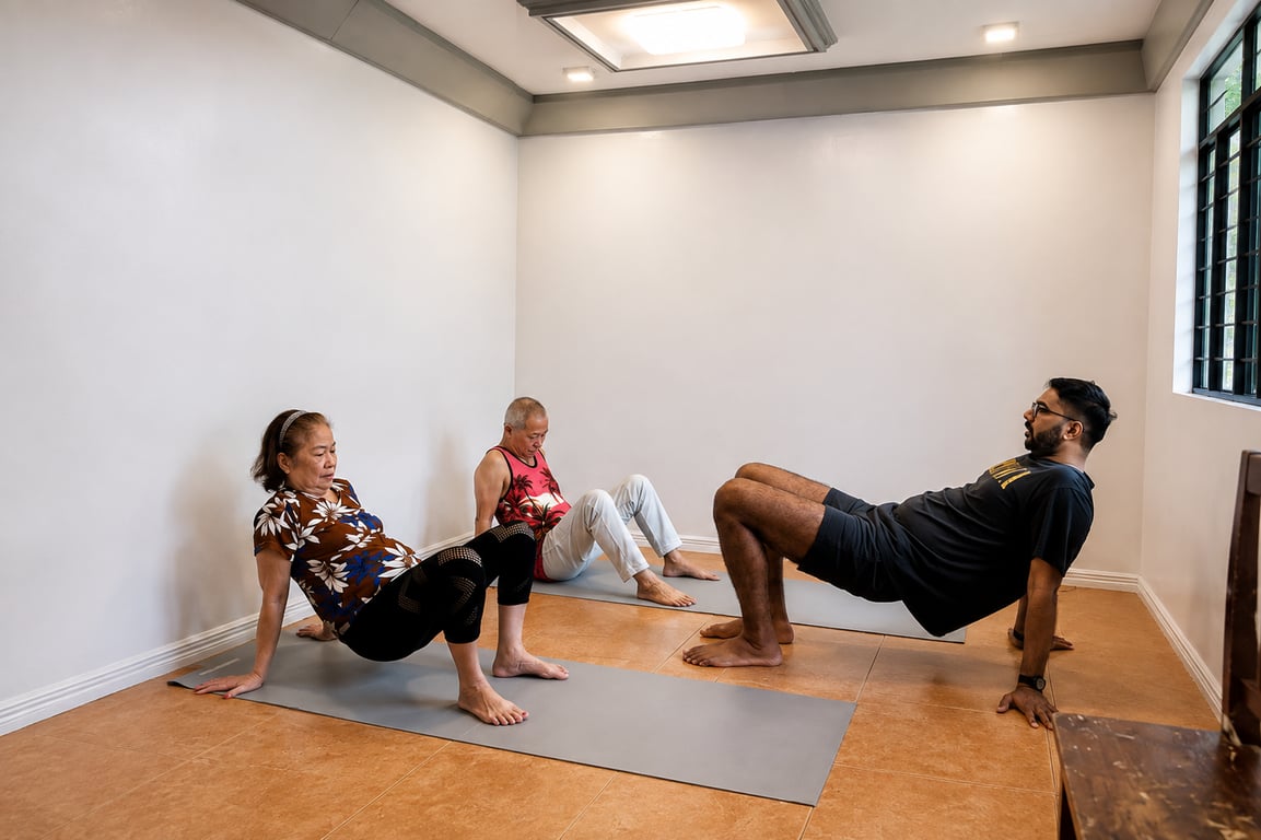 Senior participants follow instructor-led exercises.