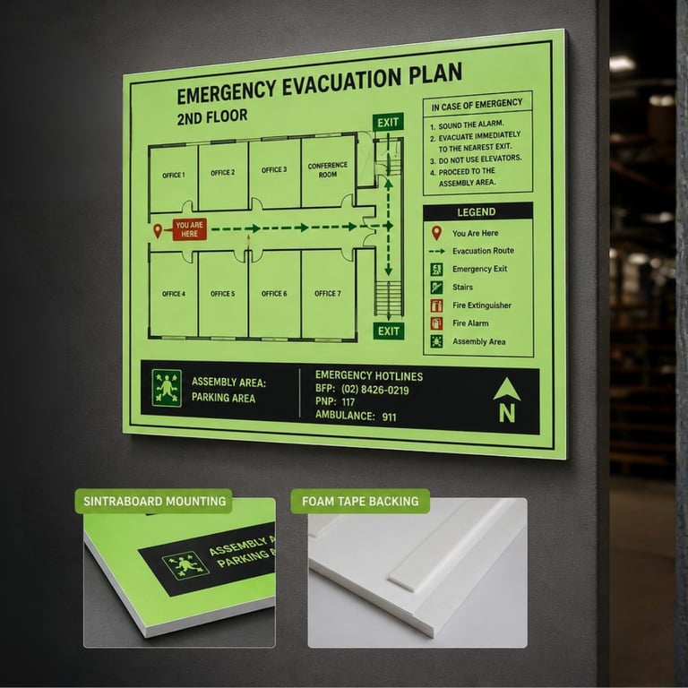 Durable, foam-taped glow-in-the-dark evacuation plan ideal for industrial use.