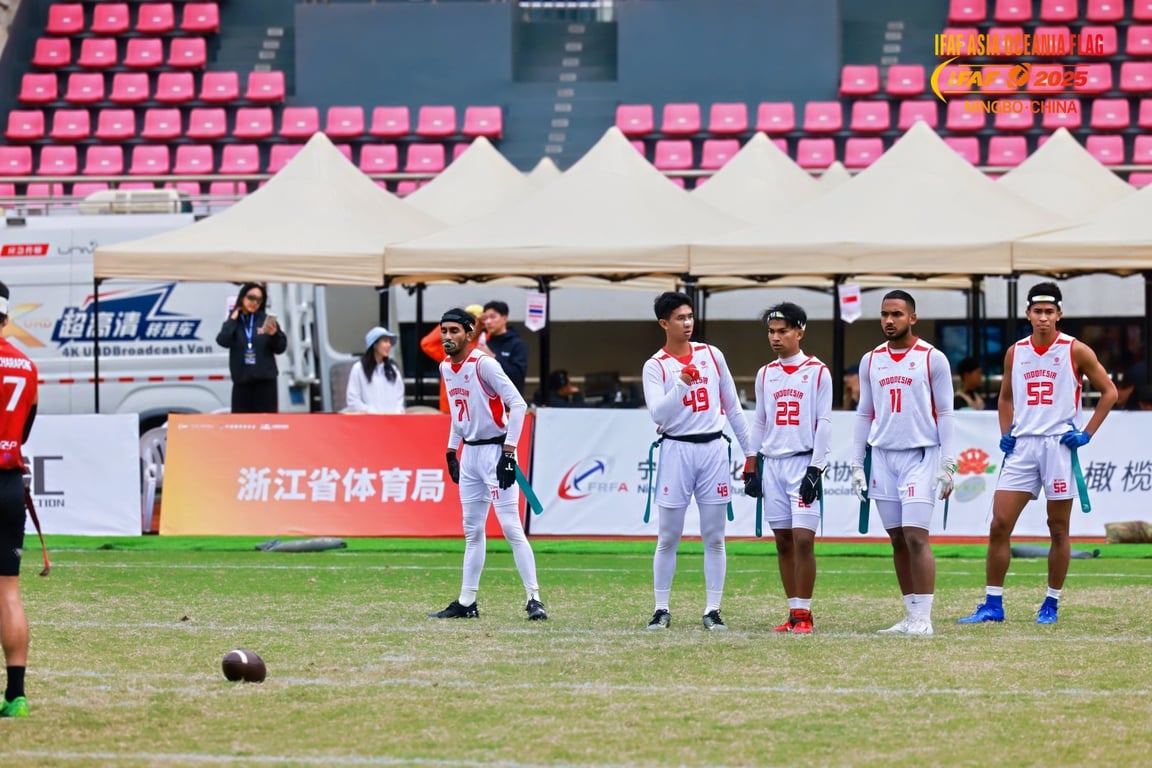 Tim Nasional Flag Football Putra Indonesia dalam pertandingan melawan Thailand, 26 Oktober 2025.