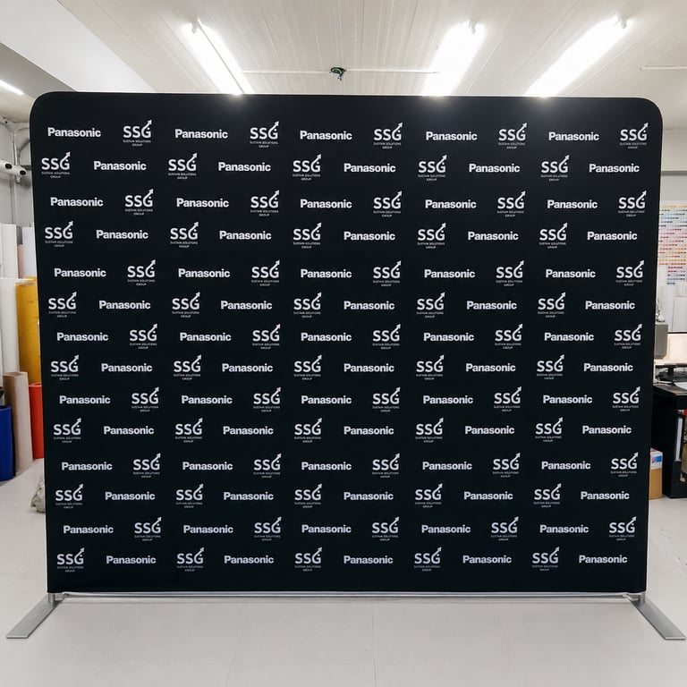 Clean setup of a finished tension fabric display in production area.