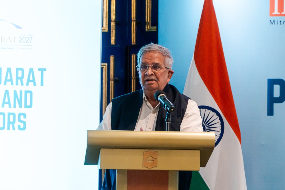 Menteri Keuangan Gujarat, Kanubhai Desai memberikan sambutan dalam diskusi roundtable bertajuk “Promoting Indonesia-Gujarat Collaboration in Food and Agro-Processing Sectors” di Shangri- La, Jakarta, Rabu (28/10/2026).