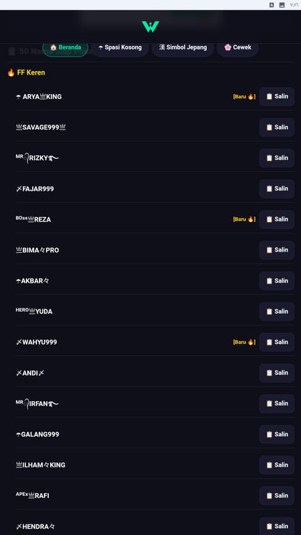Daftar nickname Free Fire siap salin di aplikasi Kerenin Nama.