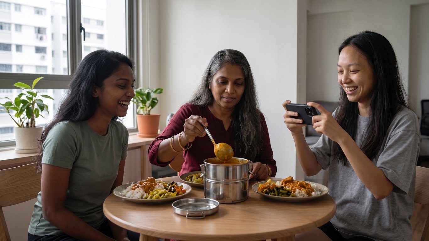 Three plates in a Singapore flat: Rivani's mother, Rivani and Keisha, who takes the photo for her family in Jakarta.