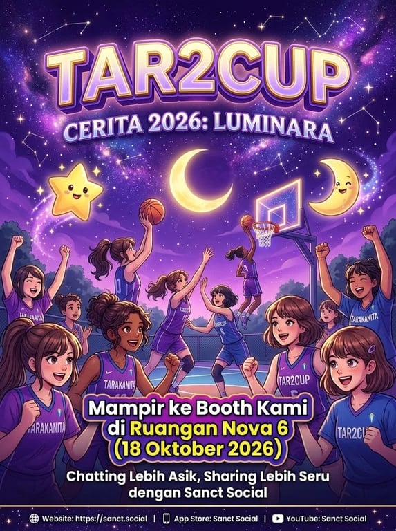 Poster Tar2Cup "Cerita 2026: Luminara" dari panitia SMA Tarakanita 2, dengan undangan ke booth Sanct Social di Ruangan Nova 6 pada 18 Oktober 2026.