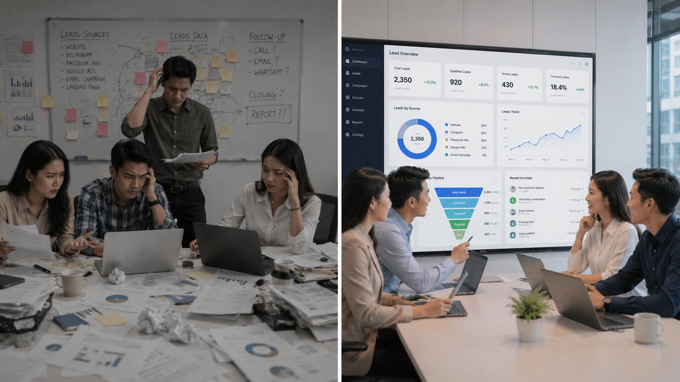 Ilustrasi Tim Digital Marketing Sebelum & Sesudah Menggunakan Sistem Tracking Leads