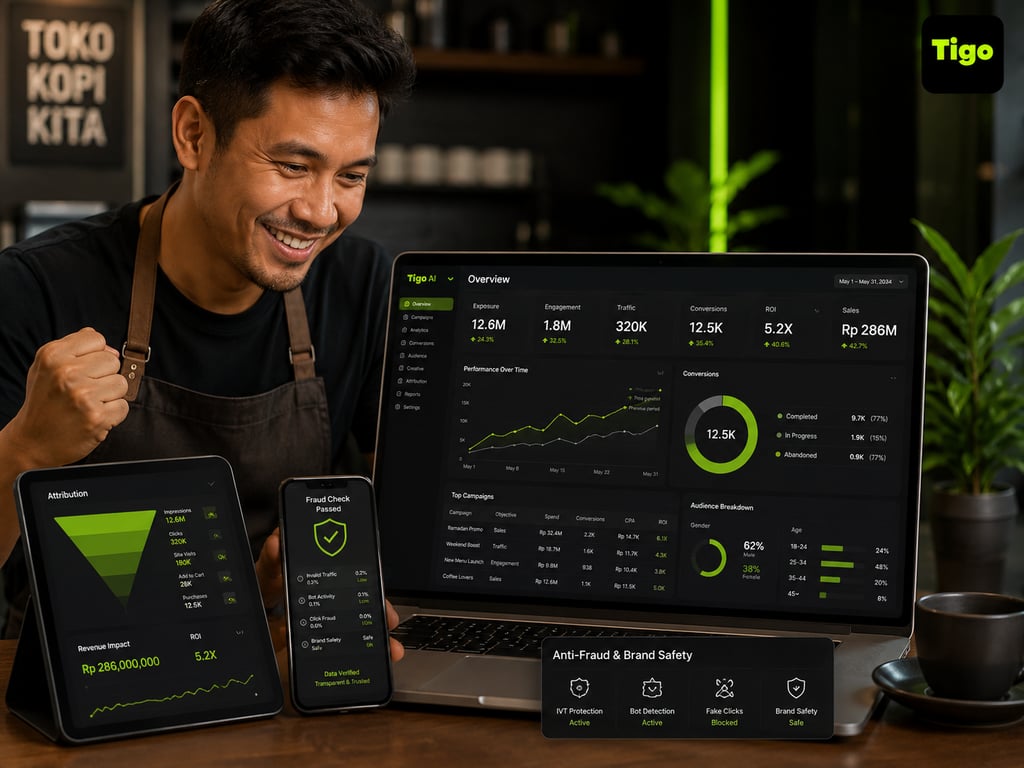 Dashboard Tigo AI membantu pelaku usaha memantau performa kampanye, termasuk exposure, engagement, traffic, conversion, dan ROI, serta dilengkapi sistem anti-fraud untuk mendukung transparansi data.
