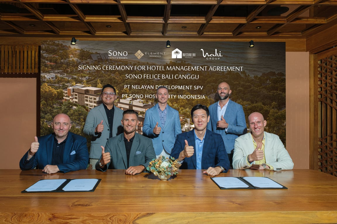 Signing Ceremony; In the Photo (From Left to Right) 1. Mr. Evan Burns, Area VP Indonesia of SONO Hotels & Resorts Asia 2. Mr. Ahti Kiili, President Director of PT Nelayan Development SPV & Co-Founder of Wahi Group 3. Mr. Jihong An, Senior VP of SONO Hotels & Resorts Asia 4. Mr. Kristjan Ploompuu, CEO & Co-Founder of Investland Bali Properties. Standing (From Left to Right); 1. Mr. Andriansah, Director of Business Development of SONO Hotels & Resorts Asia 2. Mr. Oliver Heliste, COO of Investland Bali Properties 3. Mr. Kevin Yaan, Co-Founder of Wahi Group