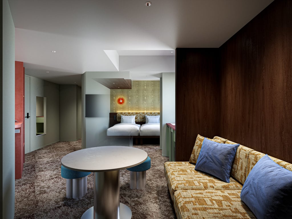 These guest rooms offer a sense of true privacy, with only one unit per floor (levels 3 through 13). The spacious 47-square-meter layout provides ample space to fully open suitcases, making it ideal for groups. Guests can relax on 110-centimeter wide beds and utilize the kitchen and microwave to prepare light meals or reheat takeout. A washer-dryer allows for a hassle-free experience during extended stays, while the separate bathroom layout ensures convenience for multiple guests.
