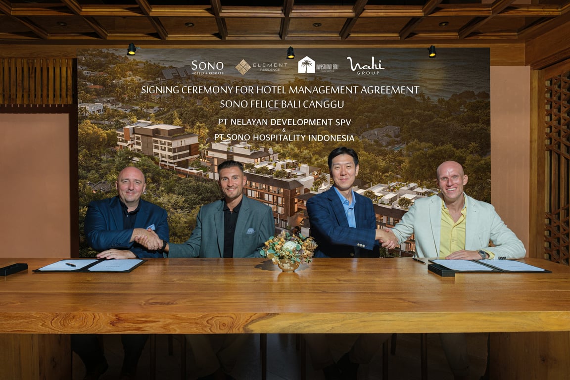 Signing Ceremony; In the Photo: (From Left to Right) 1. Mr. Evan Burns, Area VP Indonesia of SONO Hotels & Resorts Asia 2. Mr. Ahti Kiili, President Director of PT Nelayan Development SPV & Co-Founder Wahi Group 3. Mr. Jihong An, Senior VP of SONO Hotels & Resorts Asia 4. Mr. Kristjan Ploompuu, CEO & Co-Founder of Investland Bali Properties