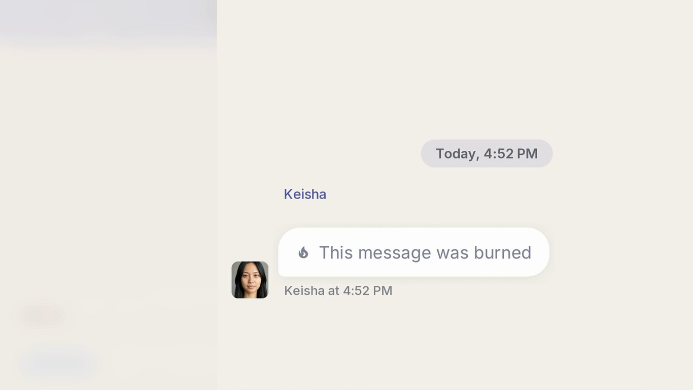 Pesan Keisha di ponsel Clarissa setelah dibakar pengirimnya. Episode 5, layar aplikasi yang sebenarnya.