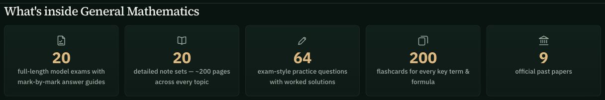 The SACE General Mathematics subject hub: practice exams, revision notes, worked questions and flashcards. Website screenshot captured on 11 October 2026.