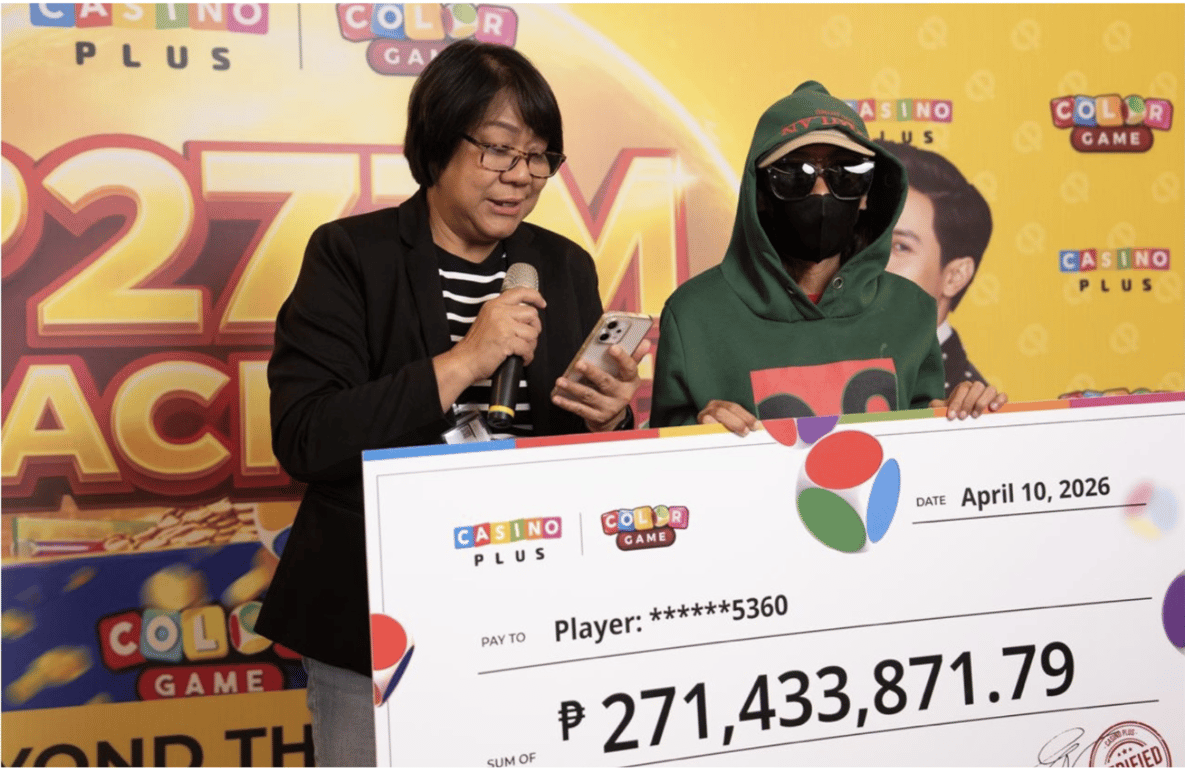 PAGCOR Senior Compliance, Monitoring, and Enforcement Officer Cheryl Dyoco addresses the April 10, 2026 turnover of the ₱271,433,871.79 Color Game jackpot to sole winner “Angel.”