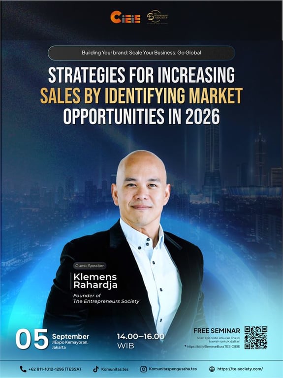 Klemens Rahardja, Founder of The Entrepreneurs Society, membawakan topik “Strategies for Increasing Sales by Identifying Market Opportunities in 2026”.