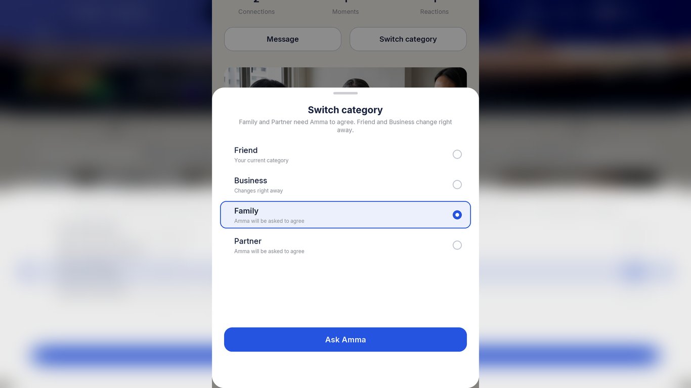 Friend categories in the Sanct Social app: Friend, Business, Family, Partner. Real app screen.