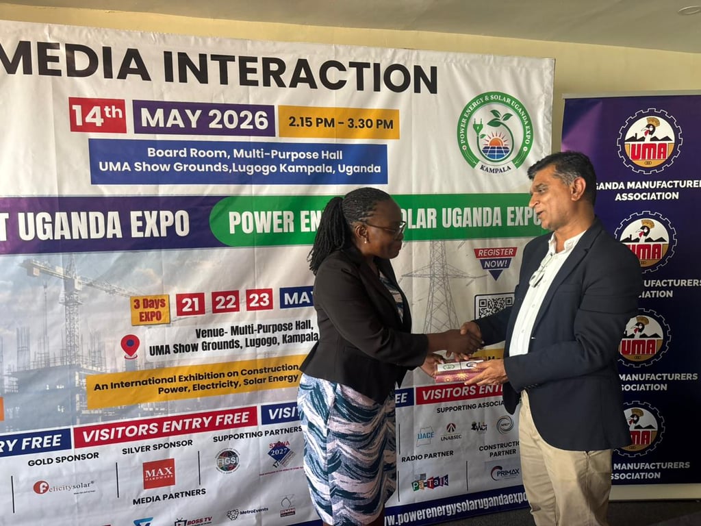Mr. Trushar Upadhyay, Sr. Advisor, Advisory Board – Power, Energy & Solar Uganda Expo and Construct Uganda Expo, presenting a Token of Appreciation to Nambooze Maliam, Board Member, Women in Construction & Infrastructure Uganda (WICI).