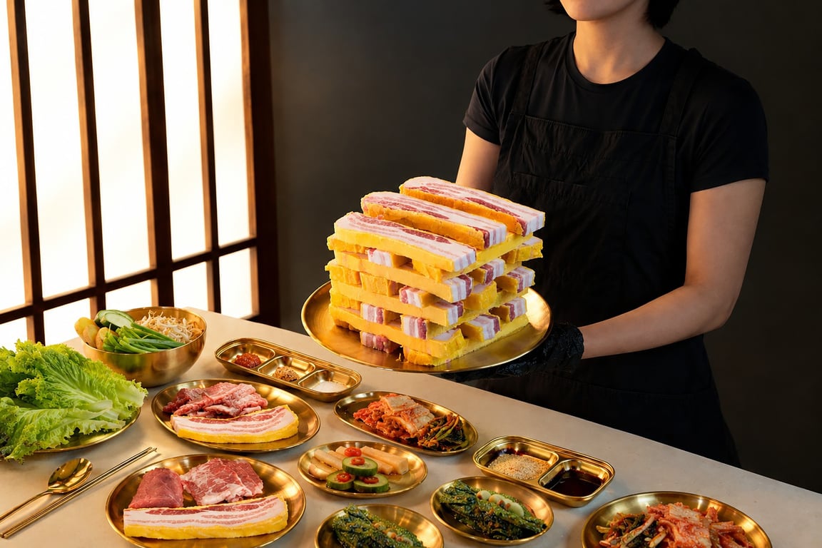 &nbsp; Butter-Aged Pork Belly<i>&nbsp;stack</i>&nbsp;dengan pilihan menu pendamping (<i>Banchan)</i>&nbsp;&nbsp;