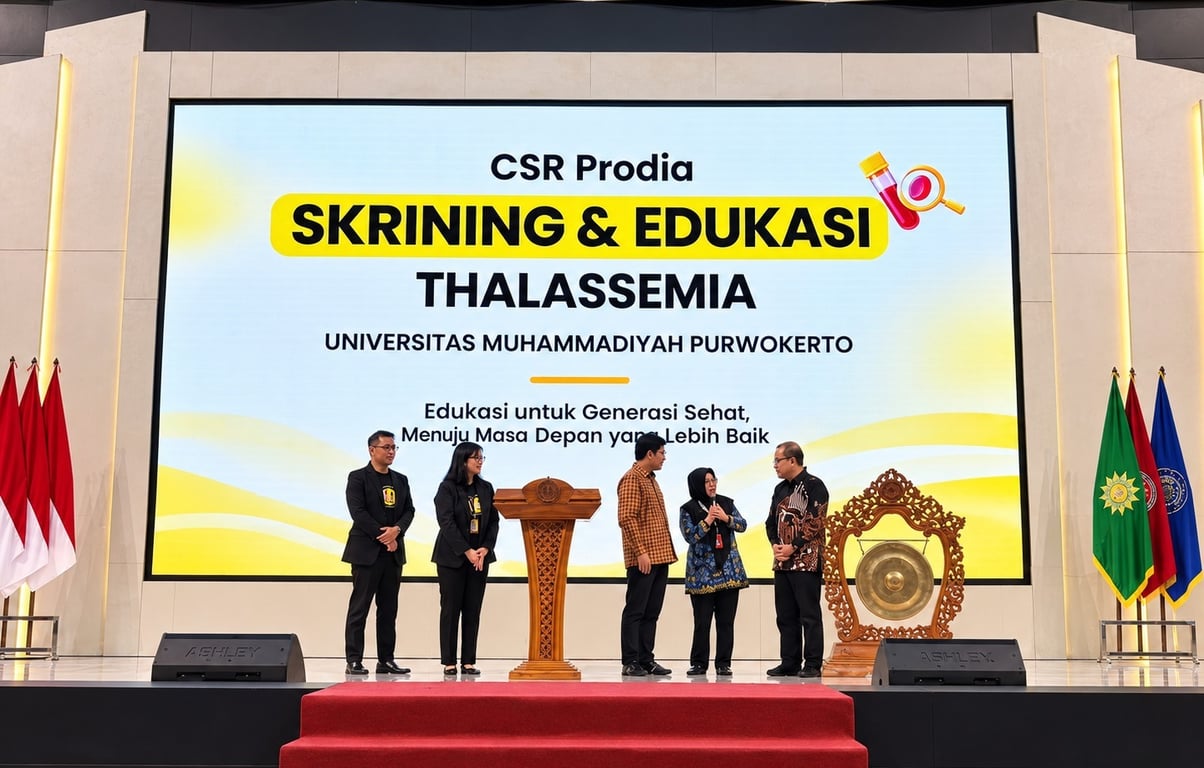 Kepala Dinas Kesehatan Banyumas, dr. Dani Esti Novia (kedua kiri), bersama Klinisi Patologi Klinik/Dokter Spesialis Imunologi Prof. Tonang Dwi Ardyanto, dr., SpPK, Subsp. IK(K), PhD, FISQua, CHAE., (kanan) dan Rektor UMP, Prof. Dr. Jebul Suroso, S.Kp., Ns., M.Kep.(tengah) bersama perwakilan Prodia seusai membuka acara seminar kesehatan di Auditorium UMP, Kamis (17/9/2026).