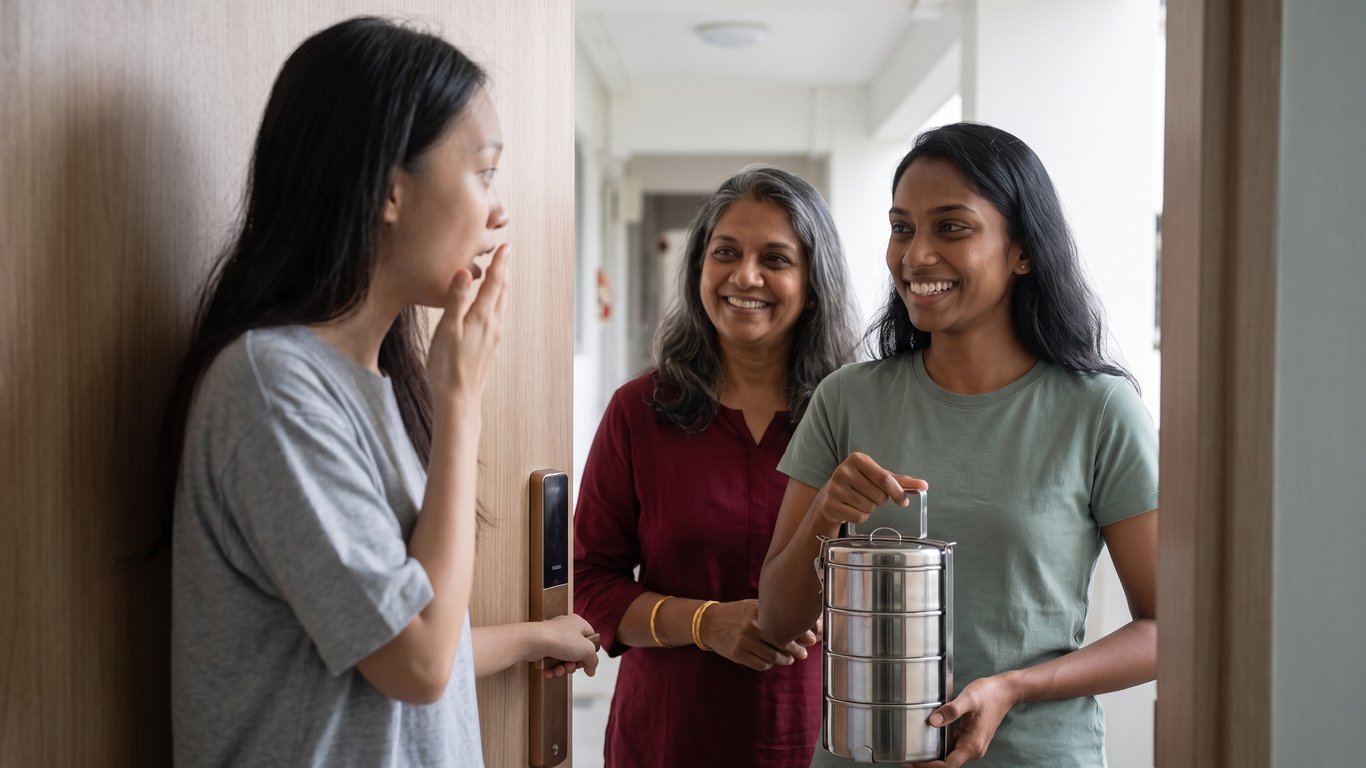 Episode 8 of Sanct Social's short film series: Keisha opens the door to Rivani with a tiffin carrier, and behind her, Rivani's mother.