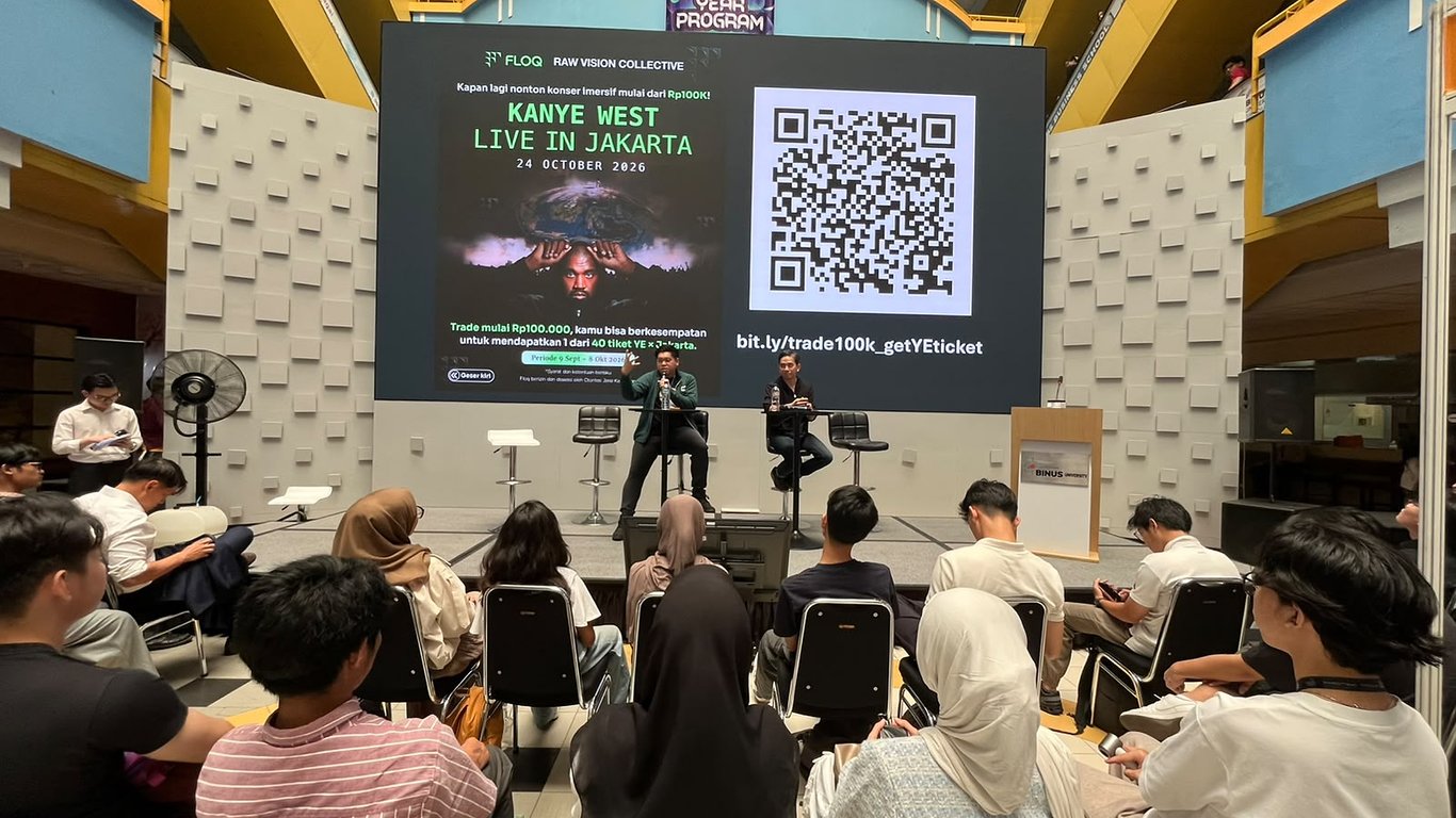 Fireside session “Crypto for Beginners: Exploring the Future of Finance” di BINUS Crypto Week 2026 bersama Founder Crypstock Andy Lynn dan CEO & Founder FLOQ Yudhono Rawis. Foto: FLOQ.