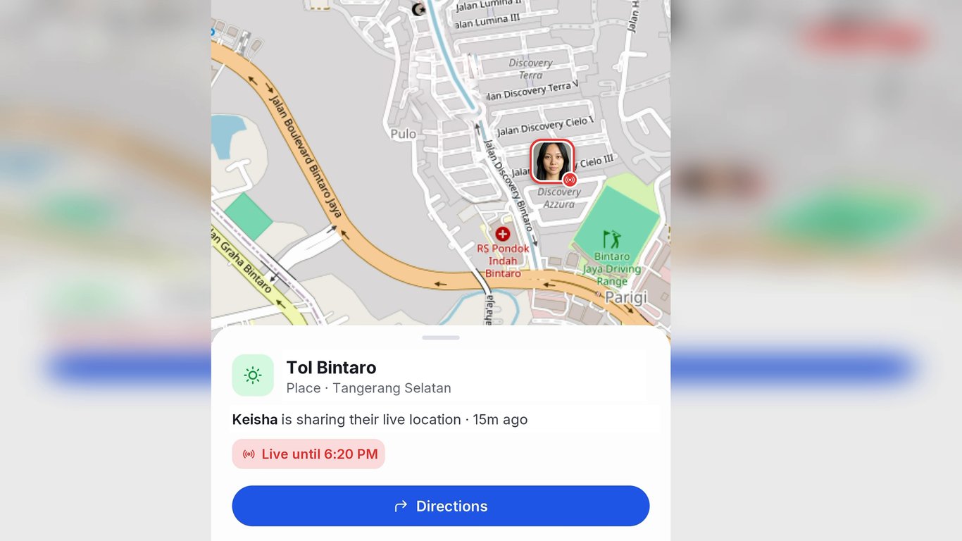 Keisha's live location on the map, shared with two people for 30 minutes. Episode 5; the screen is the app's own.