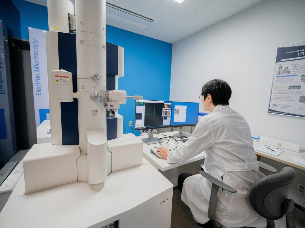 Researcher assessing HDL particle quality via TEM (transmission electron microscopy).