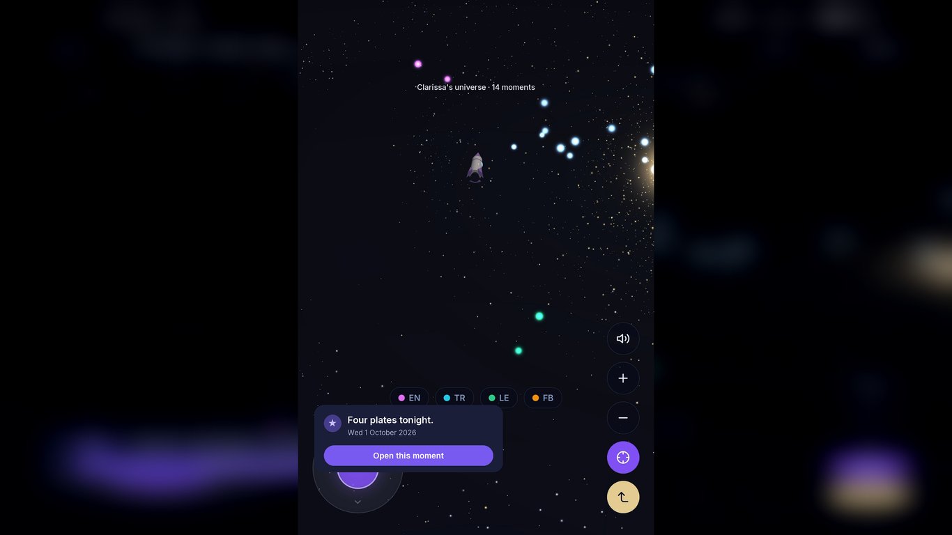 Parallel Universe di aplikasi Sanct Social, tempat setiap momen yang dibagikan menjadi bintang. Layar aplikasi asli.