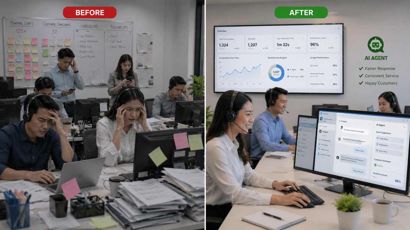 Ilustrasi tim Customer Service sebelum & sesudah menggunakan AI Agent.