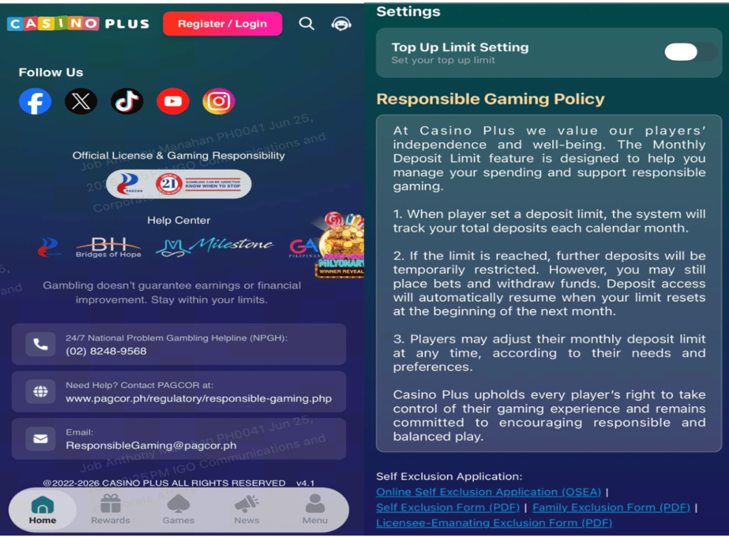 The updated hotline information is now displayed within the Casino Plus Help Center and website footer and mobile app.