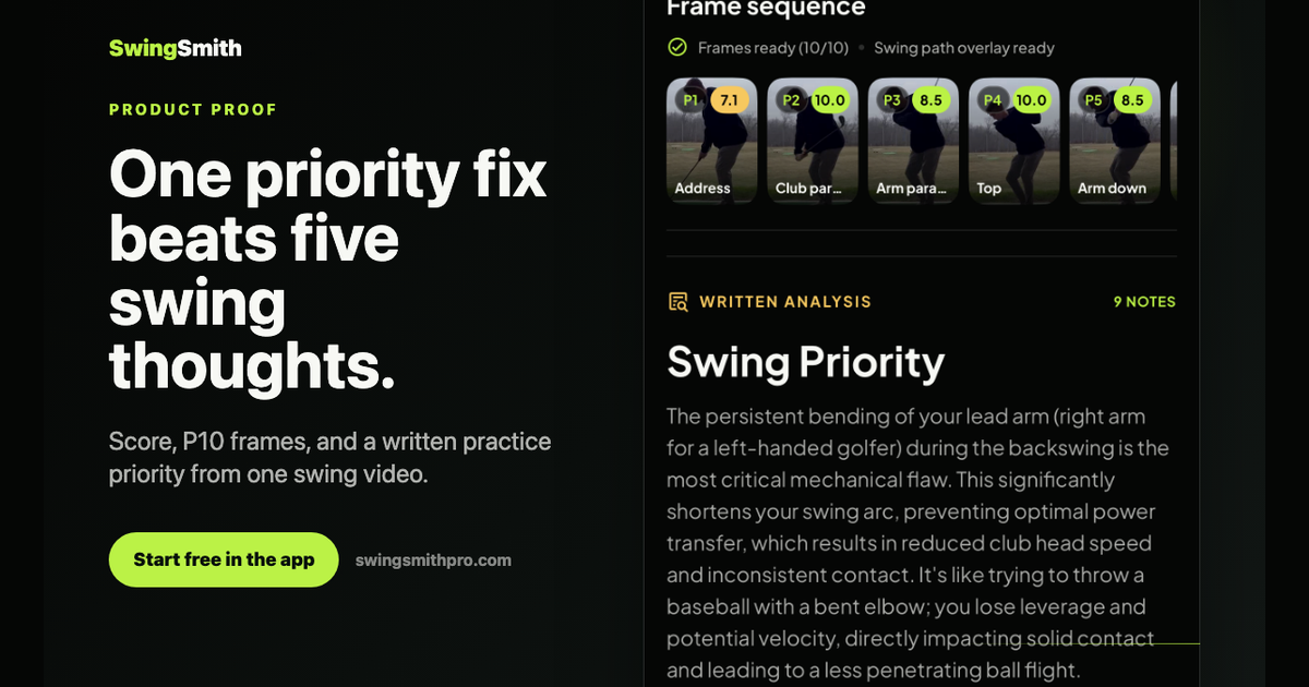 SwingSmith turns a normal phone swing video into P1-P10 checkpoints, swing metrics, and one practice priority.