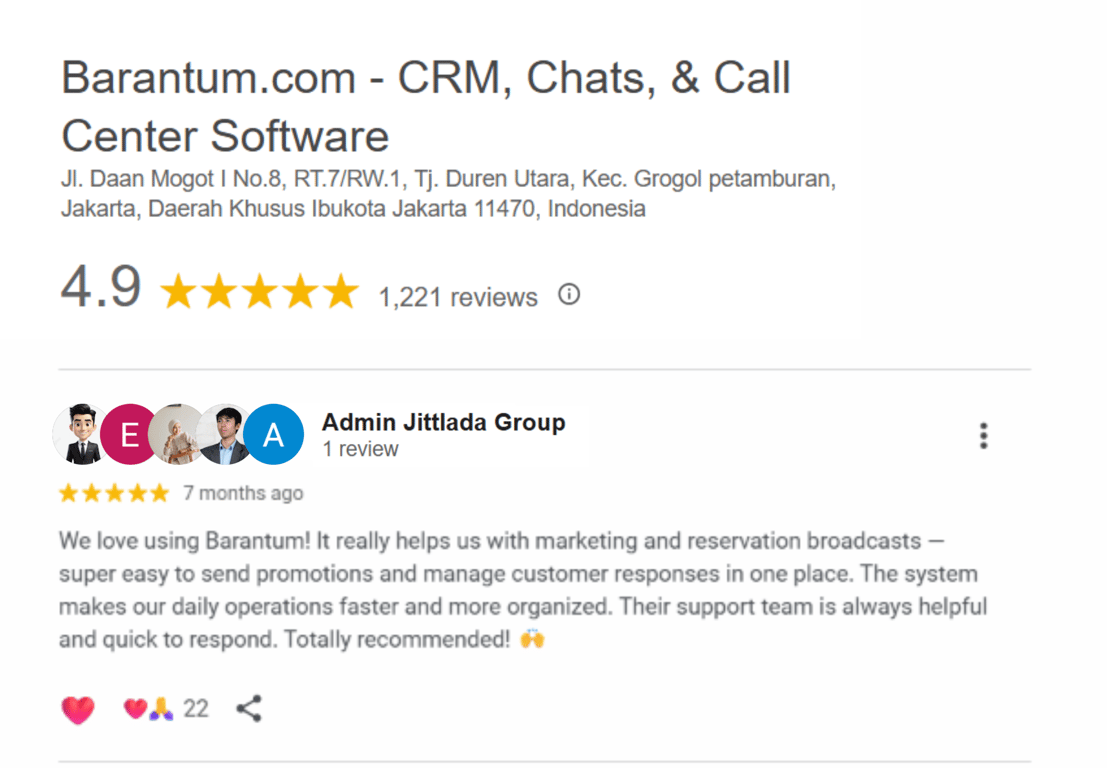 Rating Barantum di Google Bisnis mencapai 4,9/5 berdasarkan 1.221 ulasan pelanggan per 12 Juni 2026.