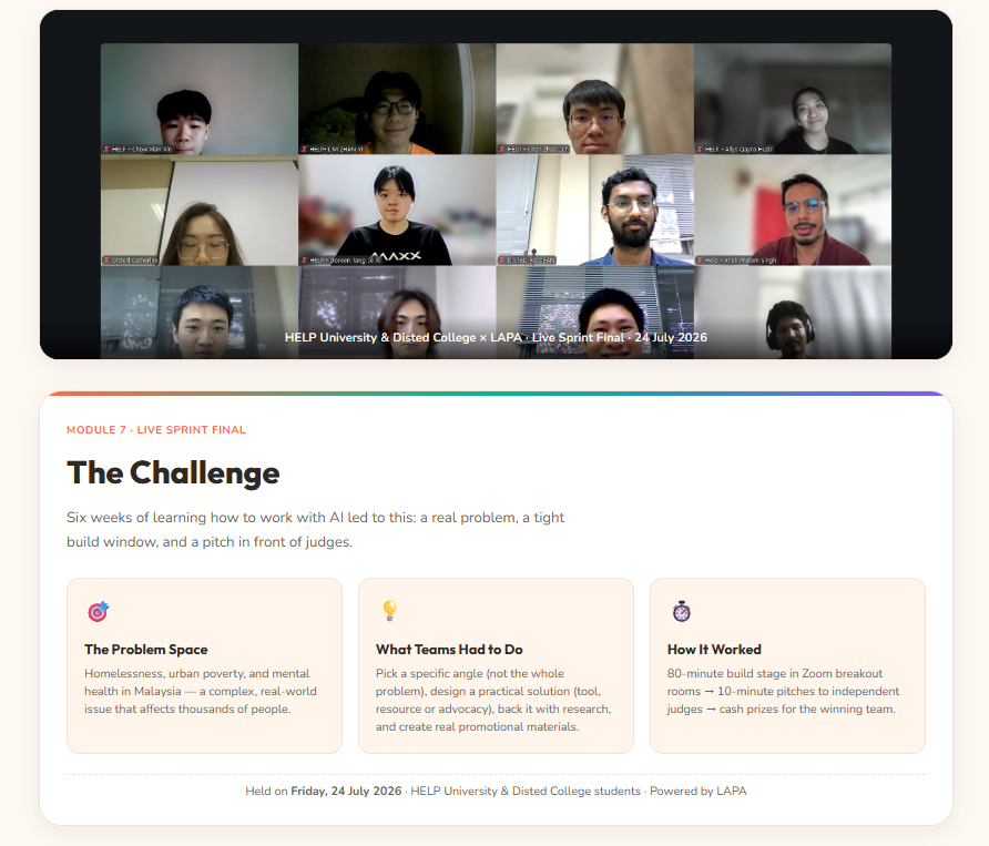 The Capstone Project is a live online hackathon where students solve some of Malaysia's most pressing social issues using AI in less than 60mins. Over 1200 student votes have been garnered to determine the best solution
