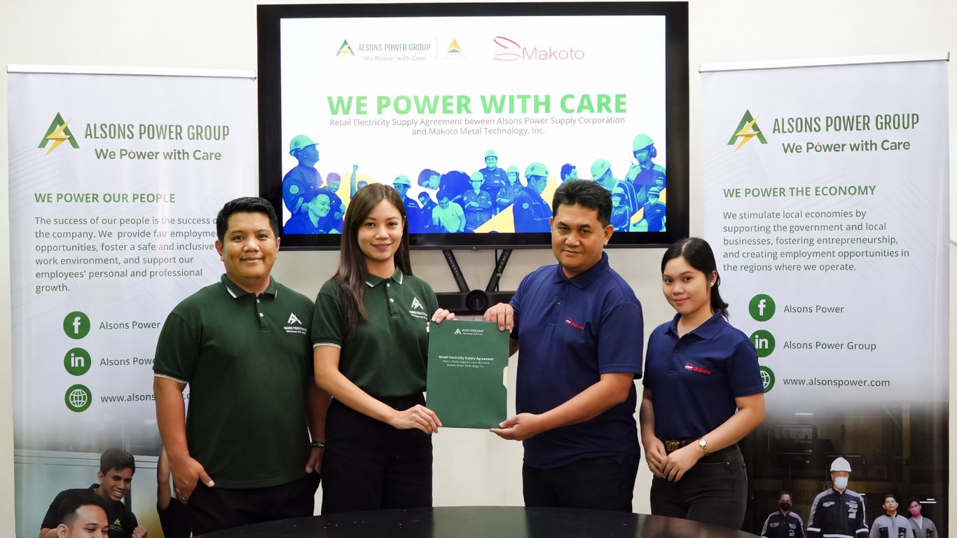 Alsons Power formalizes its retail electricity supply partnership with Makoto Metal Technology, Inc. (MMTI). Representing the companies are Alsons Power RES Senior Manager Valia Mae E. Quinajon (2nd from left) and RES Sales and Marketing Specialist Christopher Mark G. Capiral, together with MMTI Admin and Support Manager Jon Romulo A. Montances (2ndfrom right).<br>