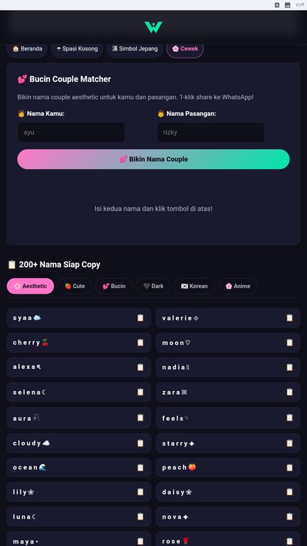 Fitur Bucin Couple Matcher dan daftar nama aesthetic siap salin di Kerenin Nama untuk membuat nickname yang lebih personal.