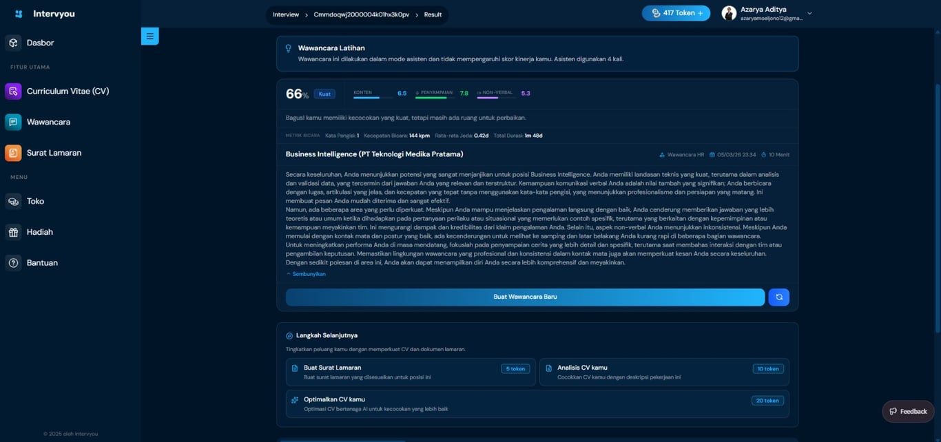 Hasil Skor dan Feedback Wawancara.&nbsp;(Sumber: Dok. Pribadi Intervyou)
