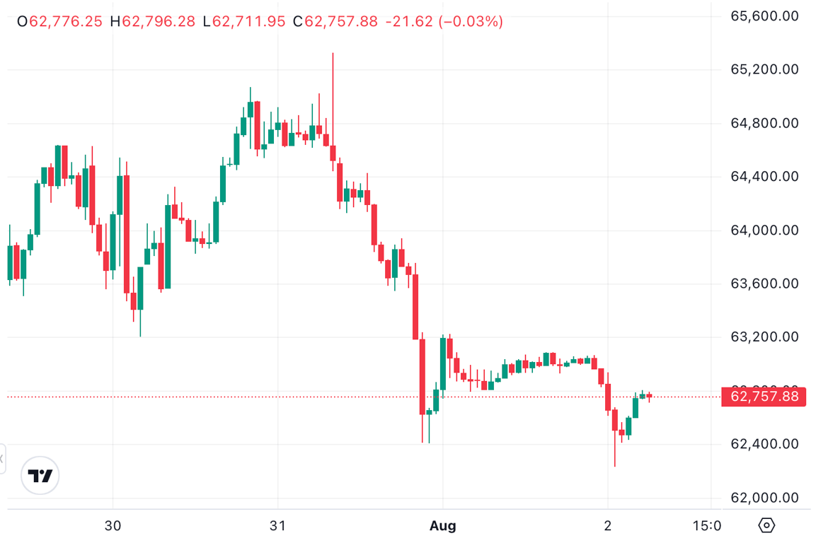 Ilustrasi pergerakan harga Bitcoin (BTC). Sumber: TradingView.