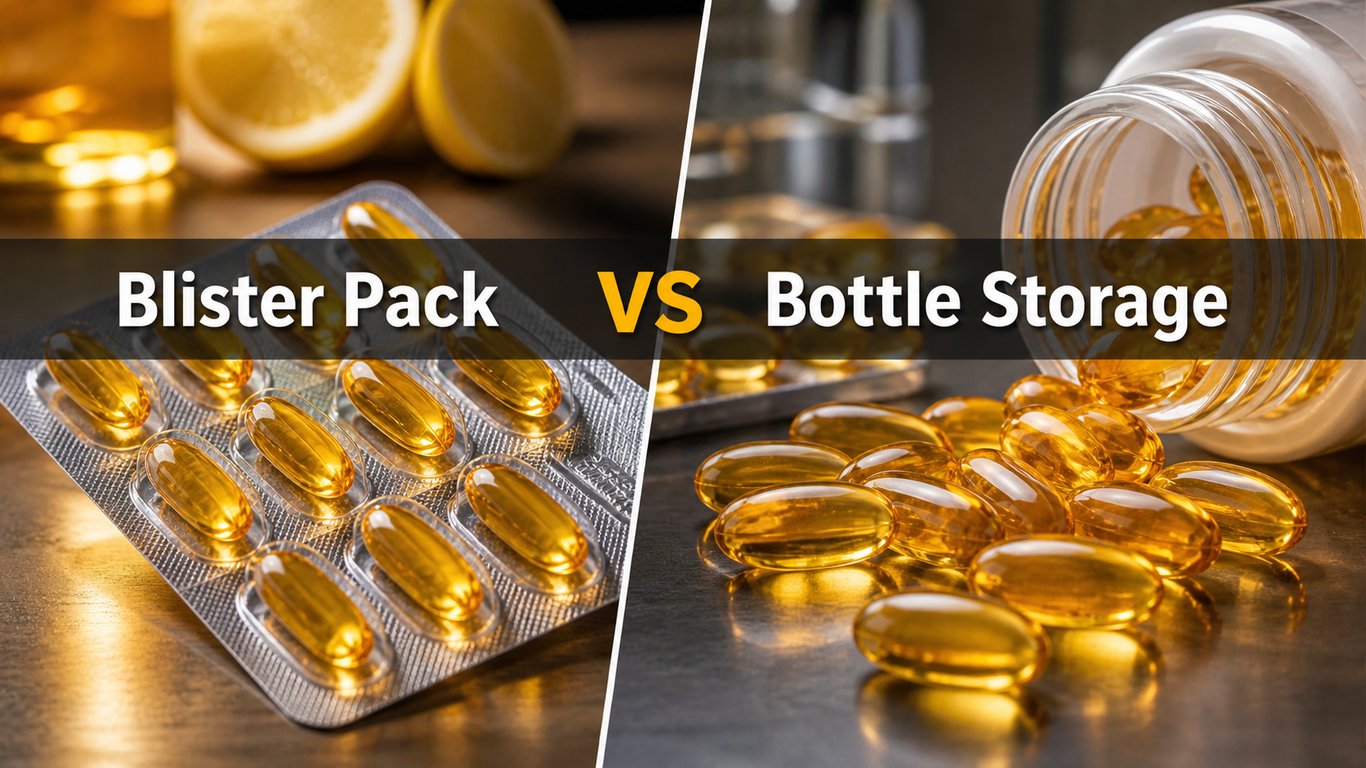 Medical-grade blister pack versus standard bottle storage, illustrating protection against oxidation, moisture, and light in tropical climates.