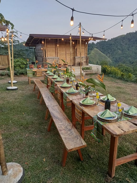 A farm-to-table dining setup in a natural outdoor setting.