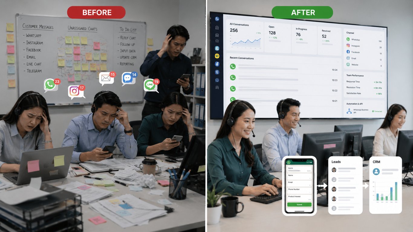 Ilustrasi tim CS sebelum & sesudah menggunakan WhatsApp Business API.