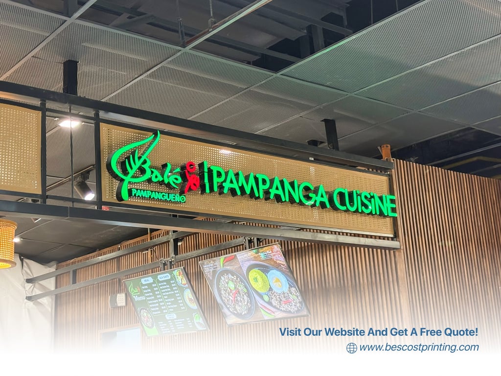 A vibrant neon sign for Bale Pampangueño lights up this modern food stall, proudly showcasing its authentic Kapampangan cuisine. Clean lines, wood textures, and clear menu boards create a polished and inviting dining experience.