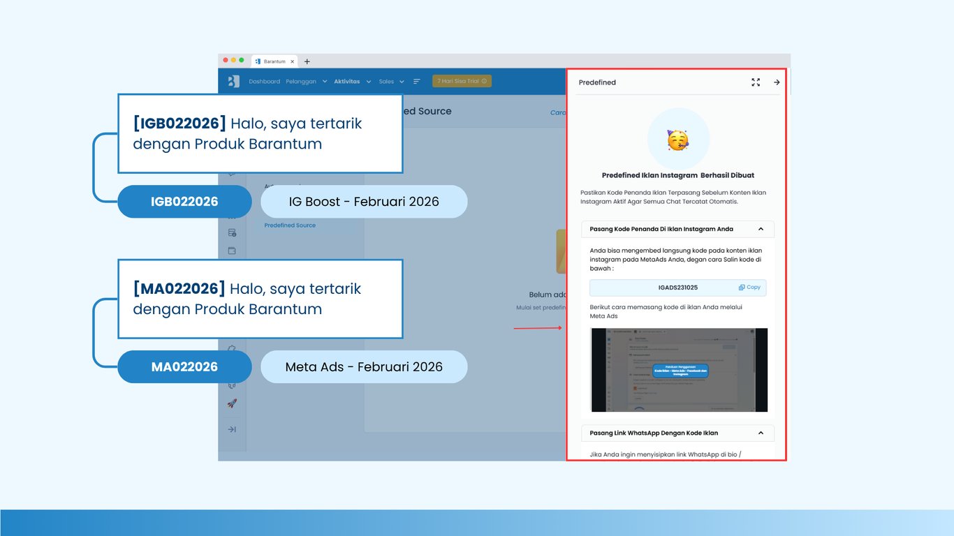 Contoh penggunaan kode penanda (tracking code) pada WhatsApp CTA untuk membedakan sumber leads dari berbagai campaign, seperti Instagram Boost dan Meta Ads.