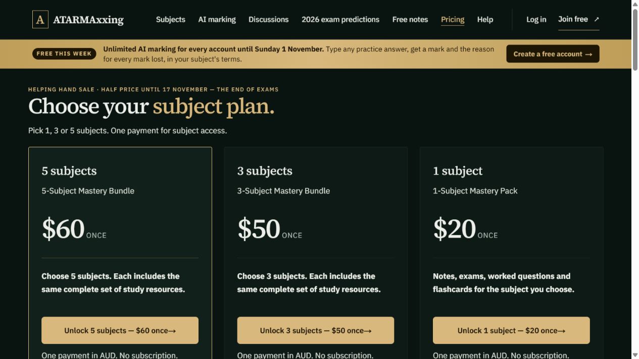 ATARMAxxing subject packs: A$20 for one, A$50 for three or A$60 for five.